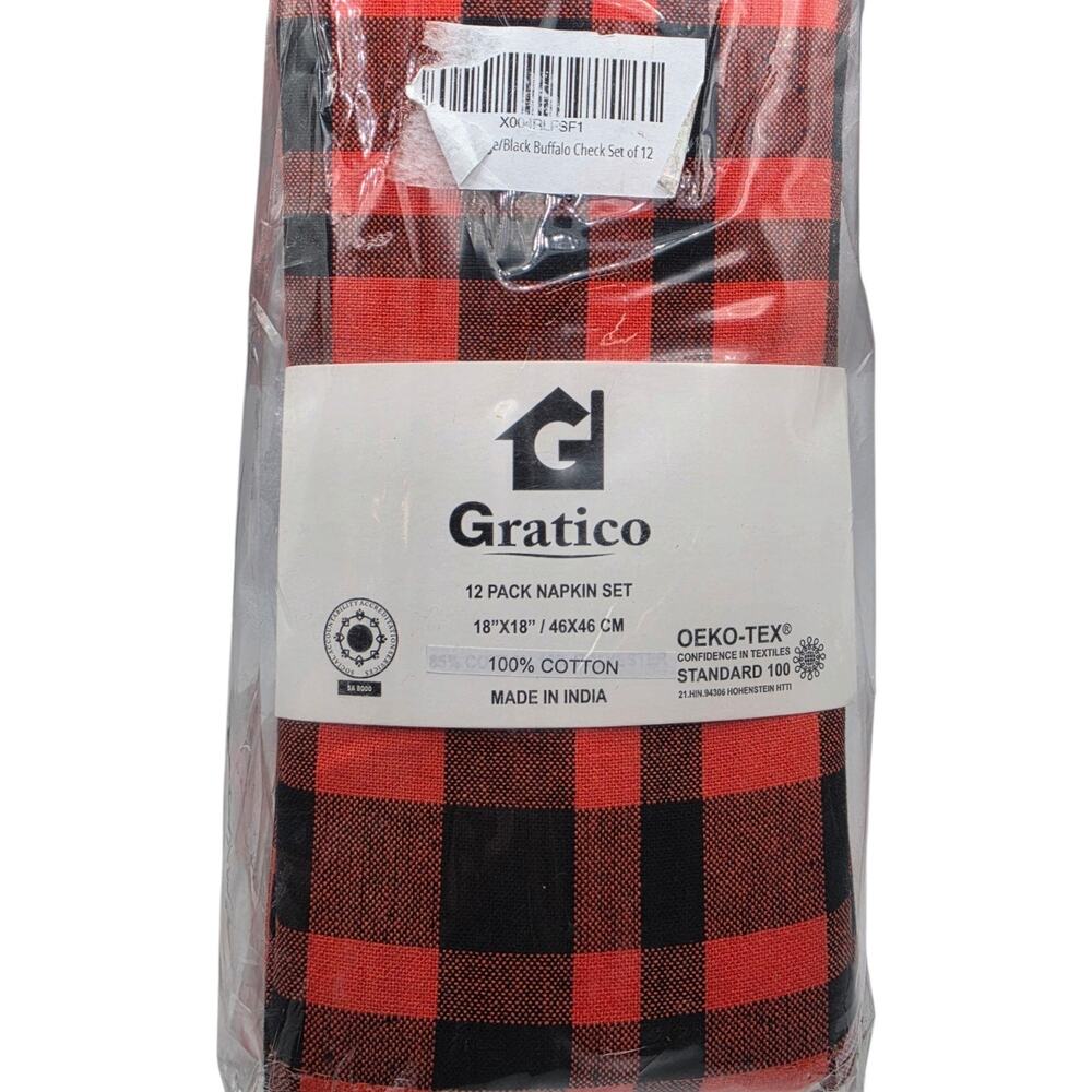 Gratico Set 12 Orange Black Buffalo Plaid Cloth Dinner Napkin 18" Farmhouse NWT
